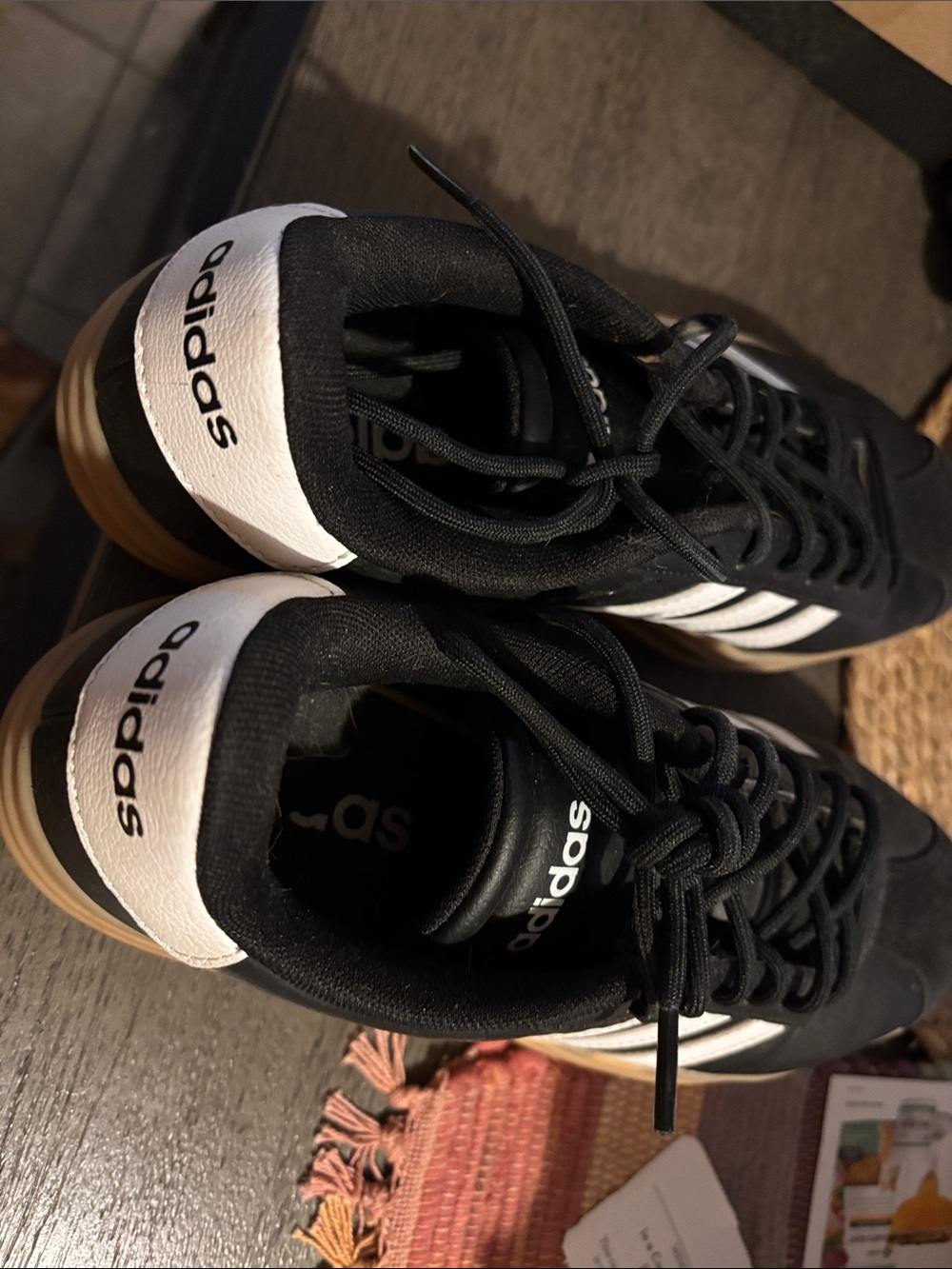 adidas Women’s Black Sneakers with White Stripes and Gum Sole - Picture 3 of 5